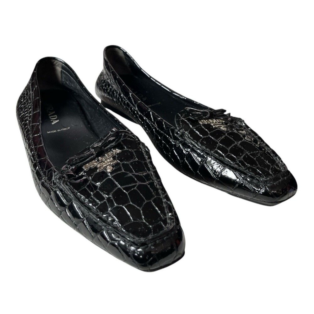 Prada Patent Leather Crocodile Print Moccasin Loafer Slip On Size EU 38.5 US 8.5